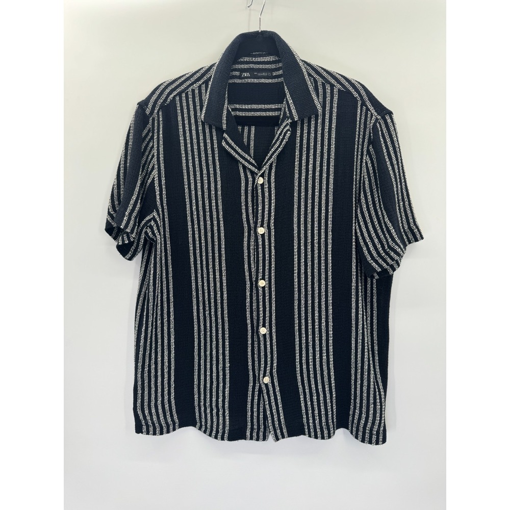 Zara Mens Black Striped Textured Weave Openwork Knit Polo Shirt Casual Large
